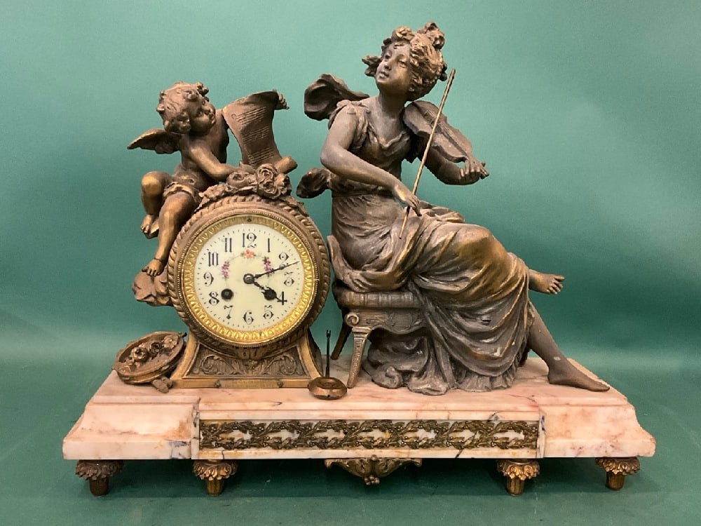 French Bronze and Marble Figural Mantel Clock After Auguste Moreau (1 of 6)