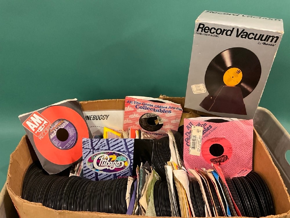 Box of 60’s - 80’s 45’ Records & Cleaner (1 of 5)
