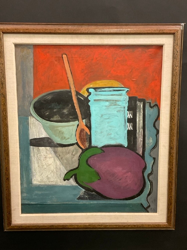 Carolyn Haeberlin (American, 1923-2000) "Eggplant": Carolyn Haeberlin (American, 1923-2000)Titled: Eggplant (Still life Kitchen Table Top)Oil on canvas. Dated Dimensions: 23” x 18” and 29” x 25”