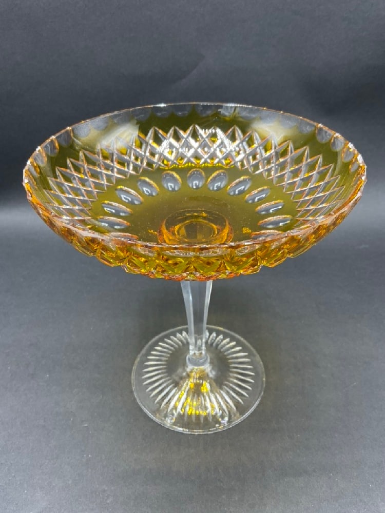 Lemon Yellow Cut to Clear Glass Compote (1 of 5)