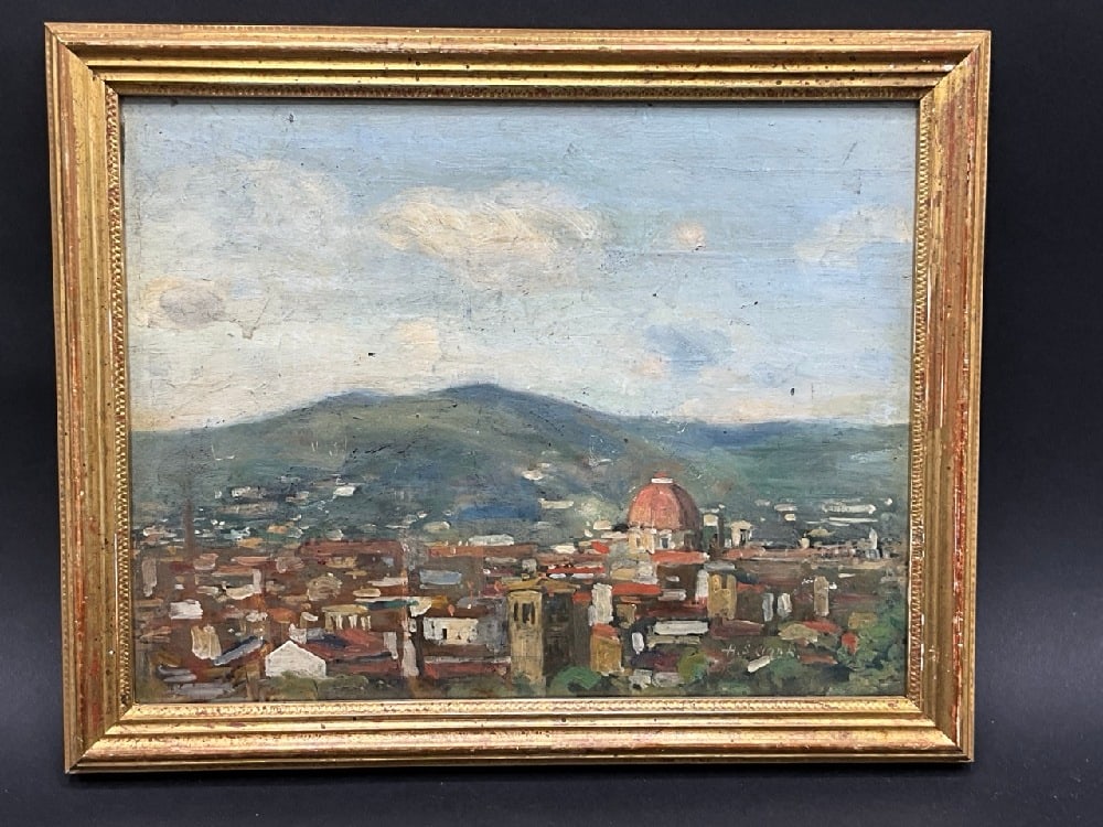 Alson Skinner Clark (1876-1949) Italian Town, Florence 1904: Alson Skinner Clark (1876-1949) Oil on panel.Titled:View of an Italian City (Florence, 1904).Dimensions: 8 1/2” x 10 1/2” and 7 1/4"” x 9 1/2"”Provenance:Swann Galleries, New