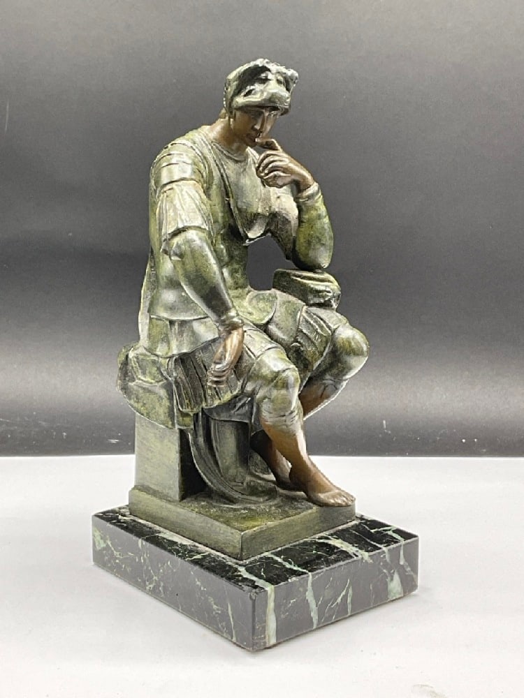 French Bronze Aft. Michelangelo "Lorenzo de Medici": French Bronze Statue, After Michelangelo’s life-size marble "Lorenzo de Medici”, SanLorenzo, Florence.Late 19th century.Dimensions: 7 1/2” x 3” x 4”Older damage noted to