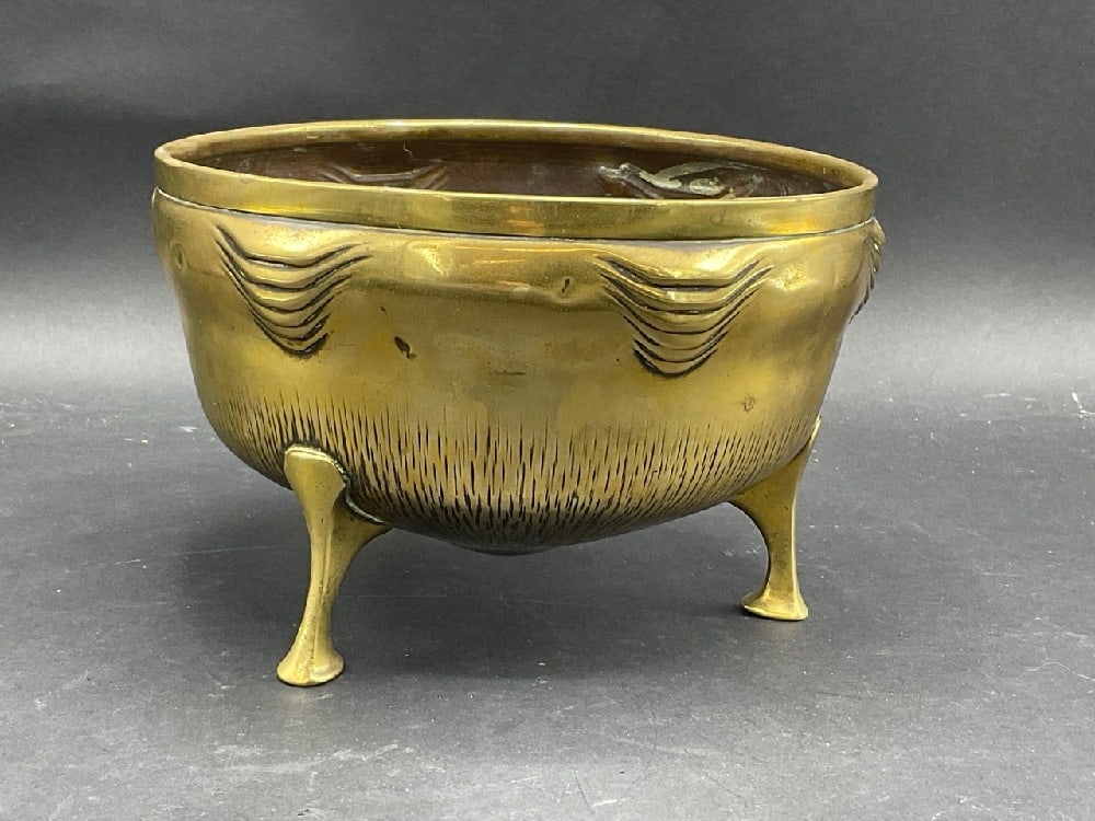 Art Nouveau Carl Deffner Footed Brass Bowl: Art Nouveau Carl Deffner Footed Brass Bowl. Signed at foot. Dimensions:
