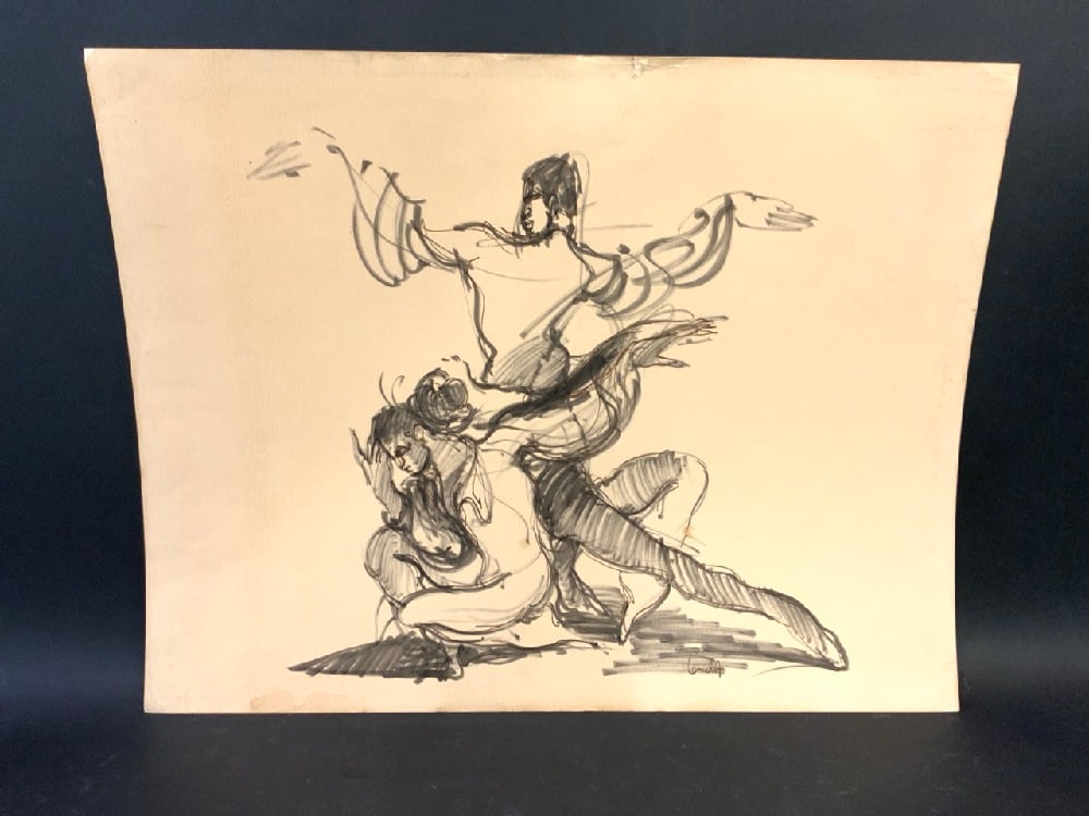 Monique Lancelot (1923 - 1982) Felt Pen Ballerina Drawing: Monique Lancelot (1923 - 1982) Felt Pen Ballerina Drawing. Condition: Water stain on the bottom and slight tear top-center. Dimensions: 19 1/2” x 25 1/2”