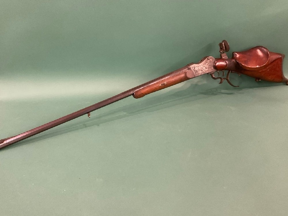 1840 German Schutzen Black Powder Rifle: 1840 German Schutzen Black Powder Rifle with Site Peep. 48” walnut Stock.