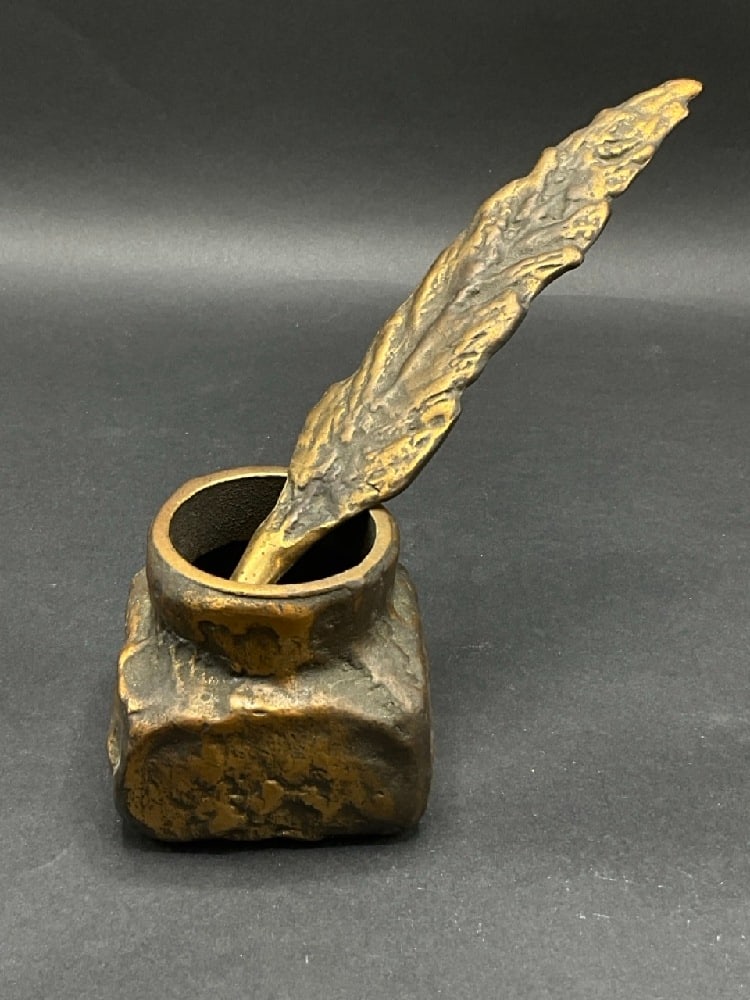 Vintage Bronze Inkwell Sculpture with Feather Quill Pen (1 of 6)