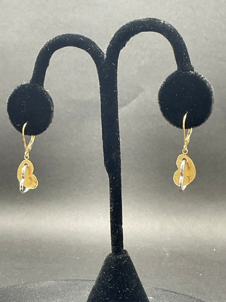 14K Yellow and White Gold Dangle Heart Earrings: 14K Yellow and White Gold Dangle Heart EarringsTotal weight: 1.5 grams.