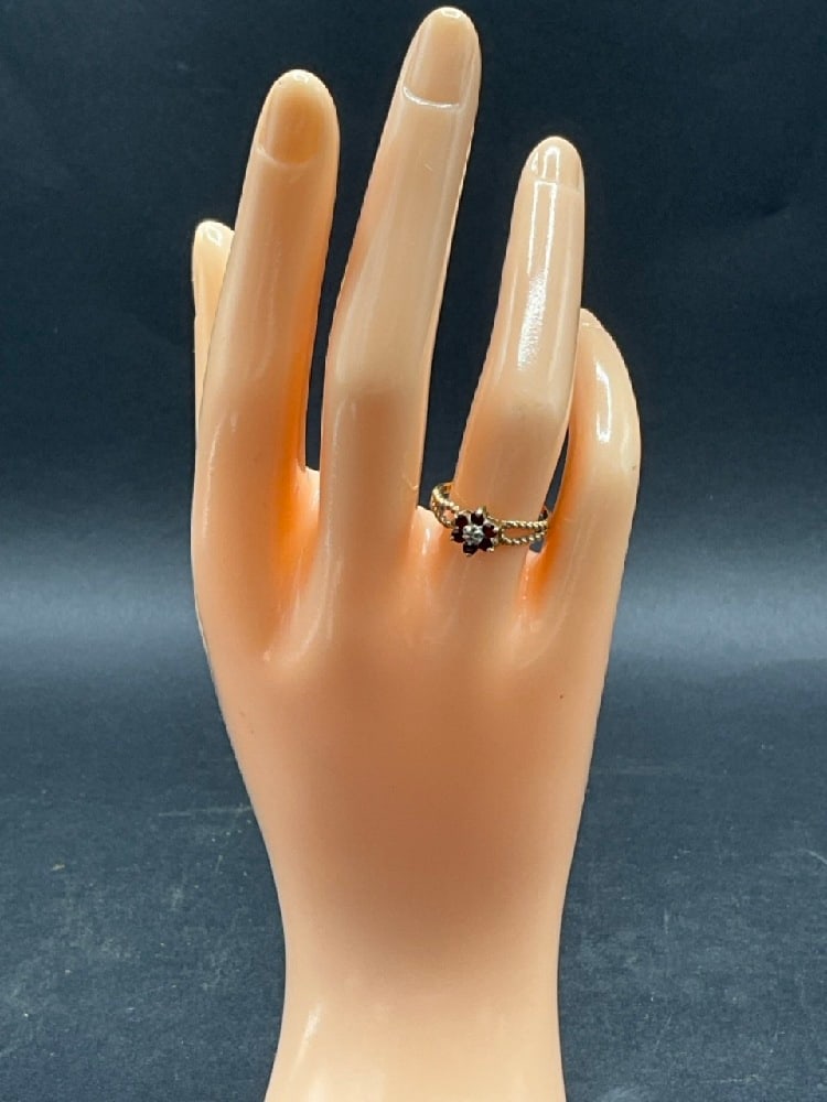 10K Yellow Gold Garnet and Diamond Ring: 10K Yellow Gold Garnet and Diamond Ring. Size 5. Total Weight 1.6 grams.