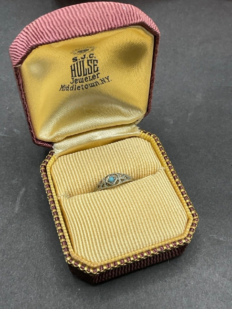 Antique 10K White Gold Baby Ring with Turquoise Stone: Antique 10K White Gold Baby ring with small turquoise stone. Size 2.
