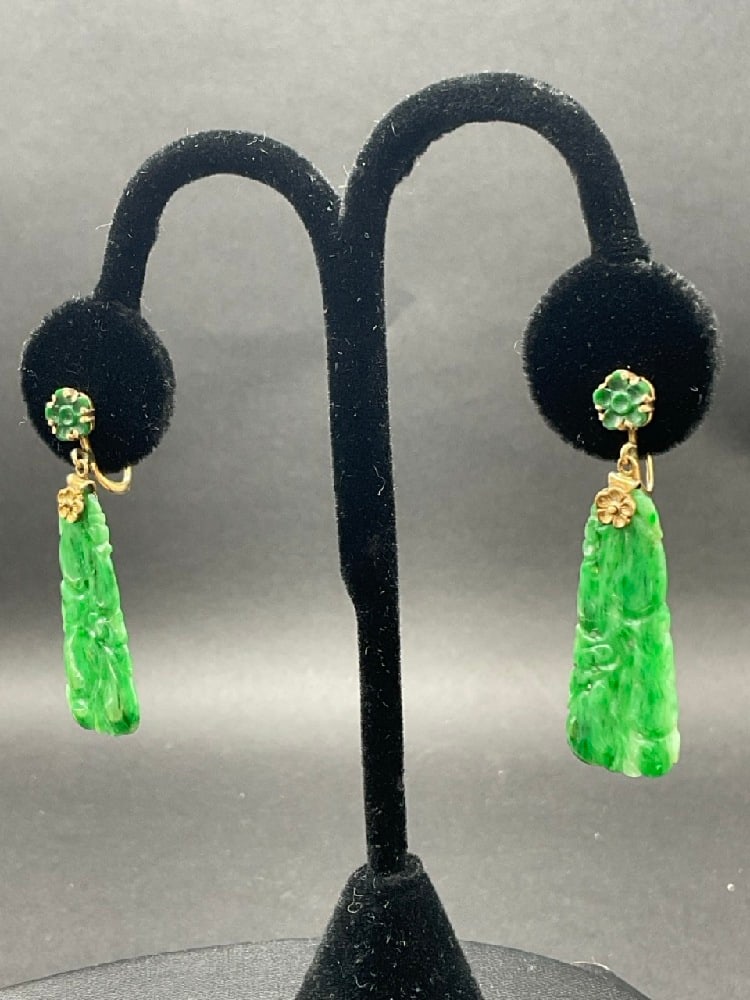 14K Yellow Gold Carved Jade Drop Earrings (1 of 3)
