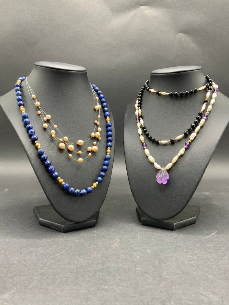 (4) 14K Gold Pearl & Bead Necklaces: (4) 14K Gold Pearl & Bead Necklaces.Total weight: 91 grams.