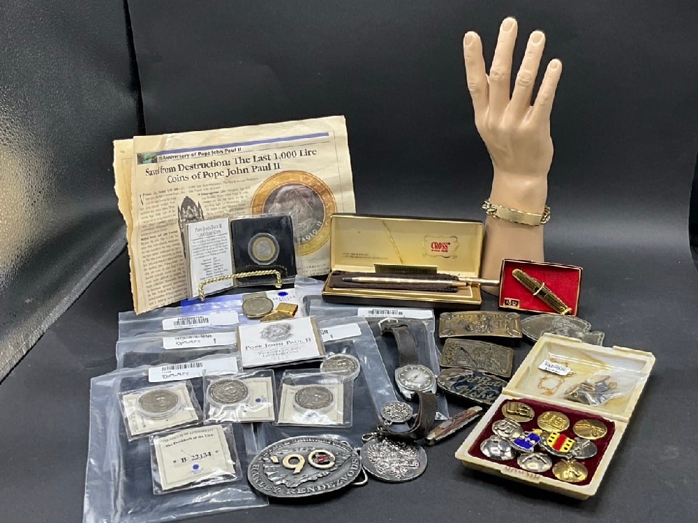 Men’s Lot - Coins, Belt Buckles, 14k Gold Filled Cross Pen Lot, Military Pins (1 of 6)