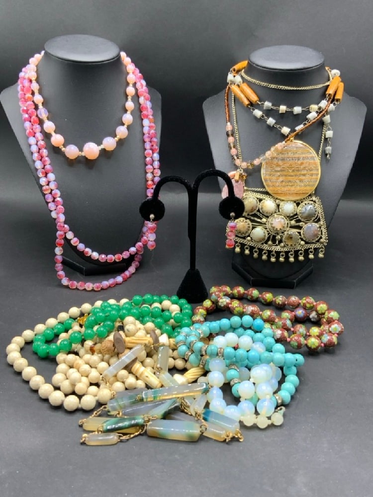 Vintage Compiled Glass and Stone Necklace Grouping: Vintage Compiled Glass and Stone Necklace Grouping.