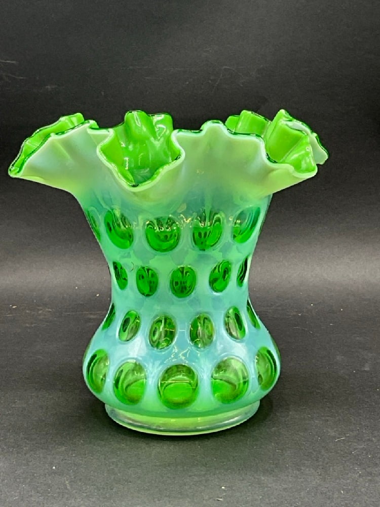 Vintage Fenton Green Coin Spot Ruffled Vase: Vintage Fenton Green Coin Spot Glass Ruffled VaseDimensions: 6 1/2” x 7 1/2”