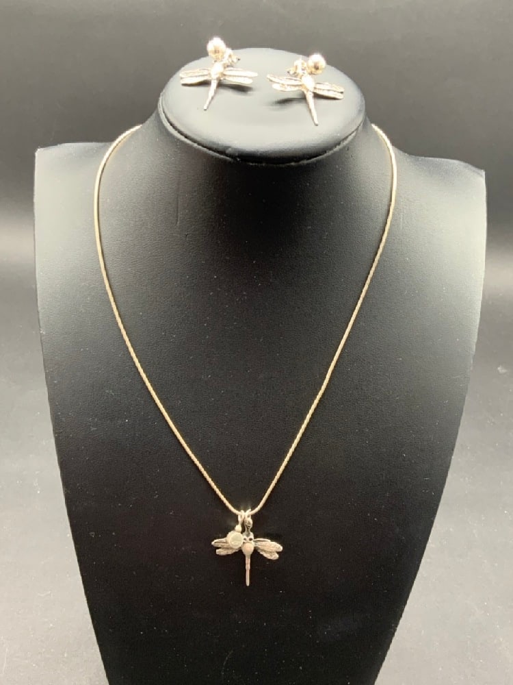 Sterling Silver Dragonfly Necklace and Earrings: Sterling Silver Dragonfly Necklace and EarringsTotal Weight 10.8 grams