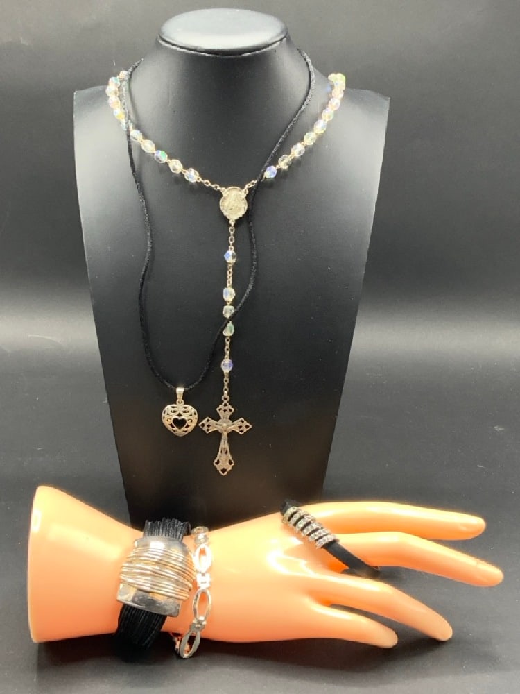 Five (5) Piece Sterling Silver Grouping with Rosaries: Five (5) Piece Sterling Silver Bracelets, Necklace and RosariesTotal Weight 56.3 grams