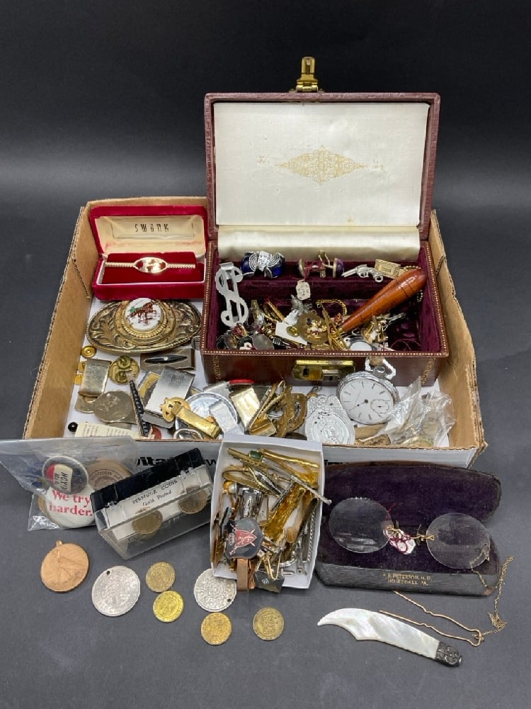 Men’s Curious Lot - Tie clips, Belt Buckles, 1920s Spectacles (1 of 4)