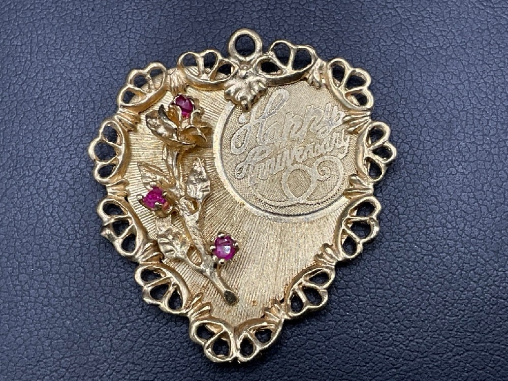 Vintage 14K Yellow Gold "Happy Anniversary" Charm Pendant.: Vintage 14K Yellow Gold "Happy Anniversary" Charm Pendant. Signed Crosby, c.1960's.Total weight: 5.3 grams. Dimensions: 1 1/2” x 1 3/4’. Crosby c. 1960’s.