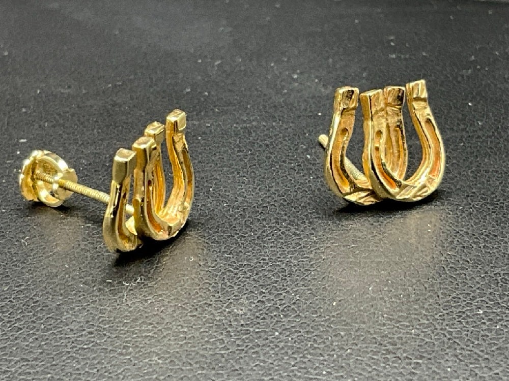 14K Yellow Gold Equestrian Horseshoe Earrings: 14K .Yellow Gold Equestrian Horseshoe EarringsTotal weight: 2.4 grams. Dimensions: 1/2”