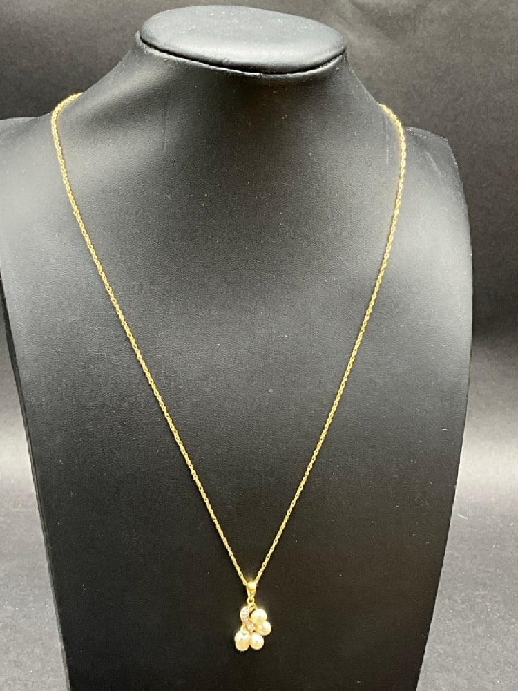 14K Yellow Gold Cluster Pearl and Diamond Pendant Necklace (1 of 5)