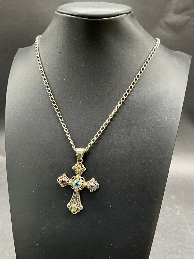 Sterling Silver/ 18K Cross With Mutli-Colored Gemstones Necklace: Sterling Silver Cross With Multi-Colored Gemstones Necklace .925/ 18k Total Weight 19.2 g