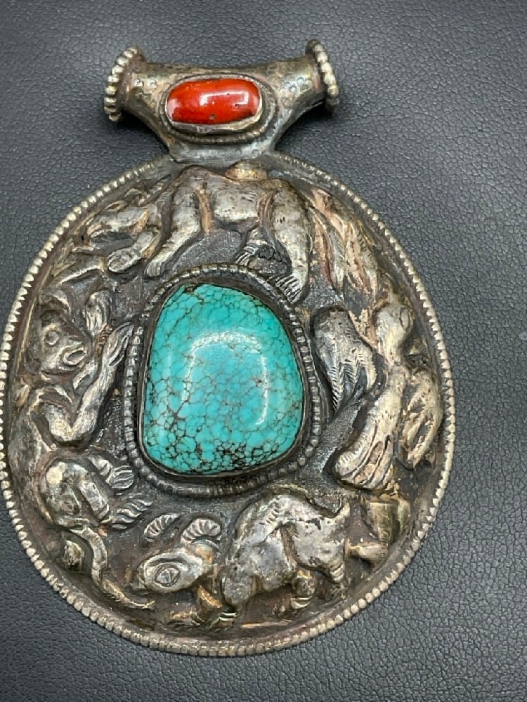 Sterling Silver Tibetan Turquoise and Coral Pendant (1 of 4)