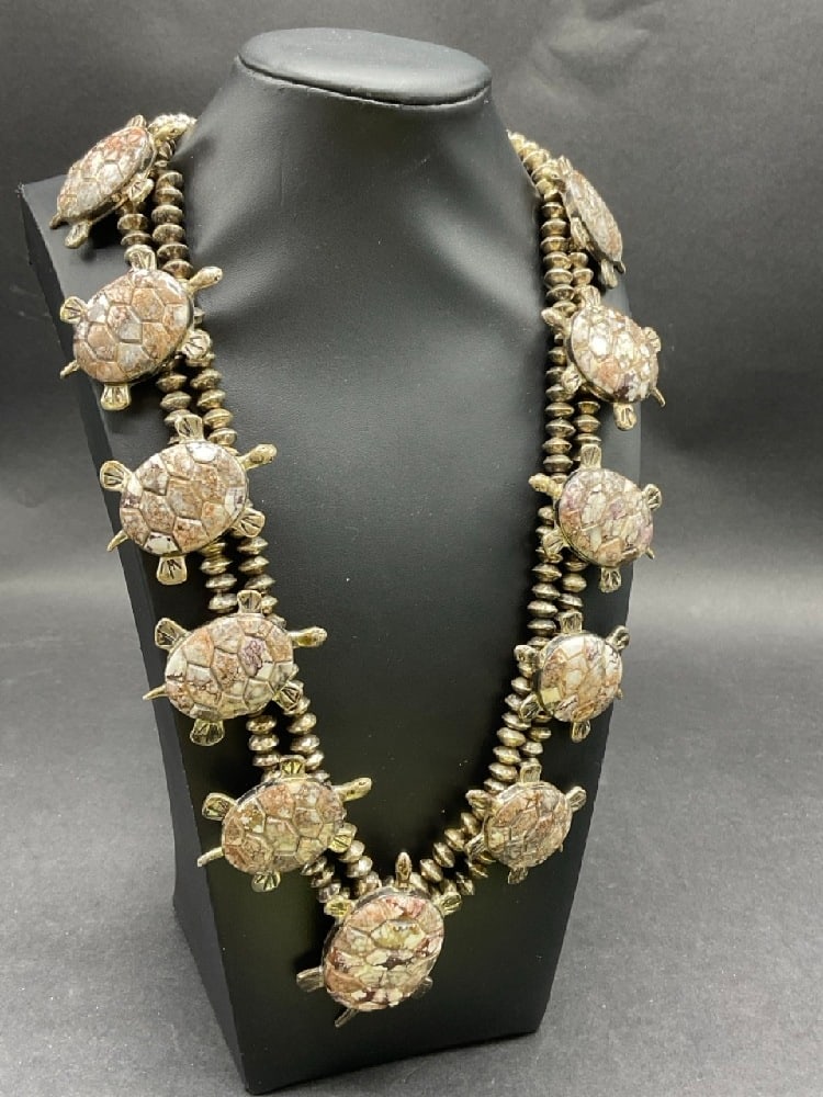 Mary Yazzie Sterling Silver “Crazy Horse?? Jasper Turtle Squash Blossom Necklace (1 of 6)