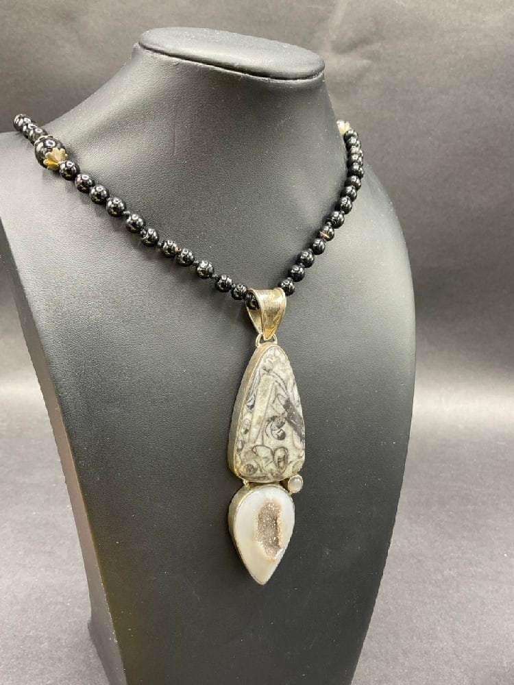 Sterling Silver Onyx Ball Bead Necklace w/ Quartz and Jasper Pendant: Sterling Silver Onyx Ball Bead Necklace w/ Quartz and Jasper Pendant. Dimensions: 20 1/2" length. Dimensions: 4 1/4” x 1 1/4” Total weight: 67.3 grams.