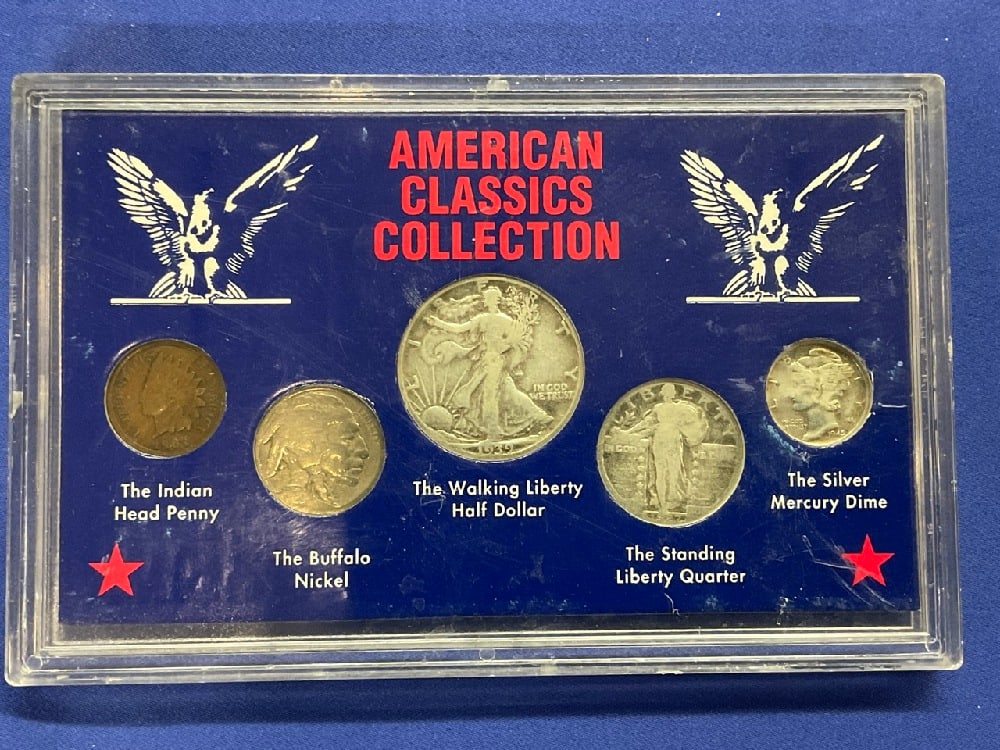 American Classics U.S. Coin Set with Silver: American Classics U.S. Coin Set with Silver. Silver Walking Liberty Half, Washington Quarter, Mercury Dime, Buffalo Nickel and Indian Head Penny. As seen in photograph preview.