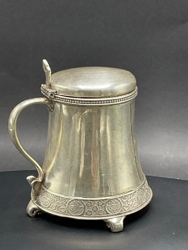 Tiffany and Co. Silver Makers Sterling Silver Lidded Jam Pot: Tiffany and Co. Silver Makers Sterling Silver Lidded Jam Pot. Ornate border design with footed base. Signed.Dimensions: 3” x 3”Total weight: 124 grams.