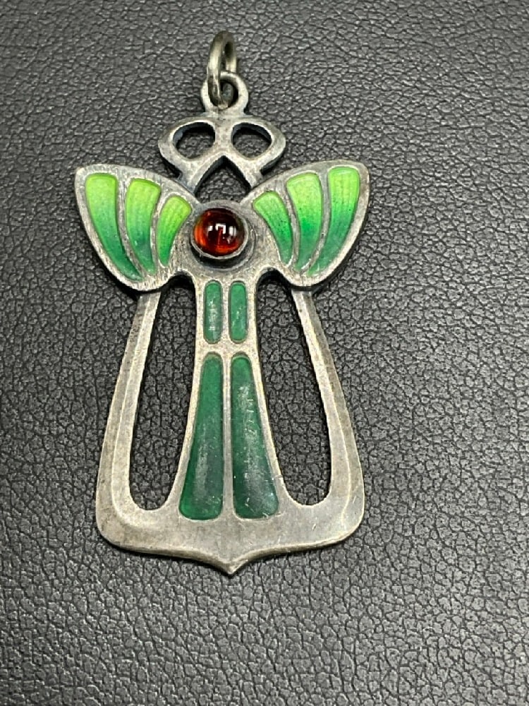 Art Nouveau Period Enameled Pendant 900 Silver: A period Art Nouveau Enameled Gemstone Pendant. Dimensions: 1 1/4" X 3/4" Marked 900 (Silver)