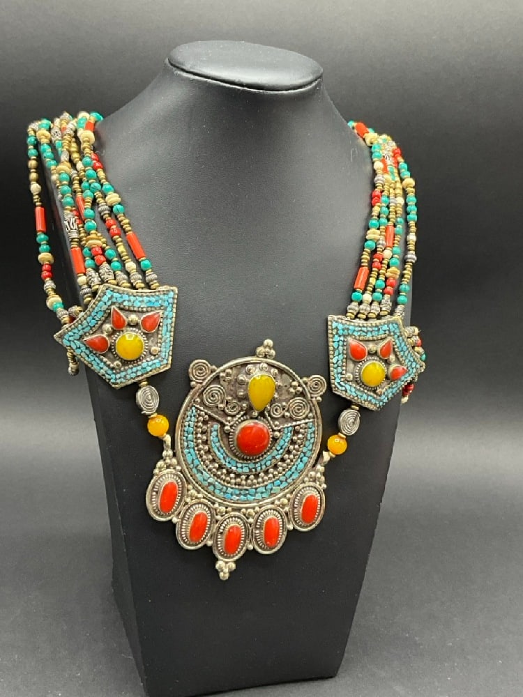 Tibetan Turquoise, Coral and Stone Necklace: Tibetan Turquoise, Coral and Stone Necklace. Large oversized contemporary necklace.