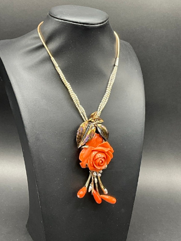 Rare 1970’s Angela Ambrosina 14K Carved Coral and Pearl Necklace: Rare 1970’s Angela Ambrosina 14K Tri-Gold Carved Coral and Pearl Necklace.This necklace consists of on carved rose natural coral set with four 14K white gold prongs with coral drops. Hand made antiq