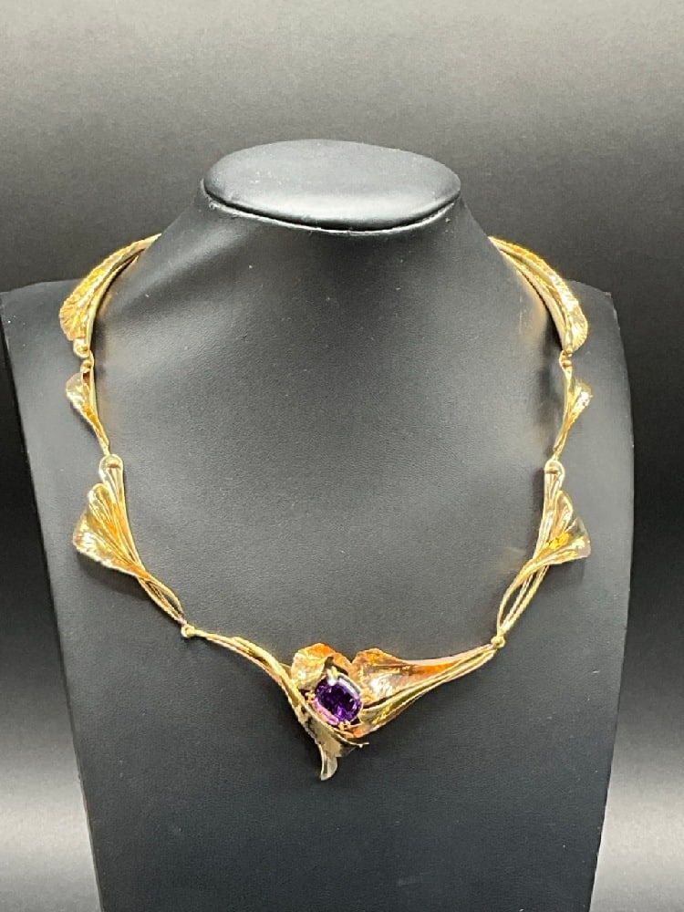 14K Yellow Gold Angela Conty Amethyst Leaf Necklace: 14K Yellow Gold Angela Conty Amethyst Leaf Necklace.The necklace consists of one cushion step cut natrual amethyst double prong set into a 14k yellow gold handmade basket head with 14k yellow and rose