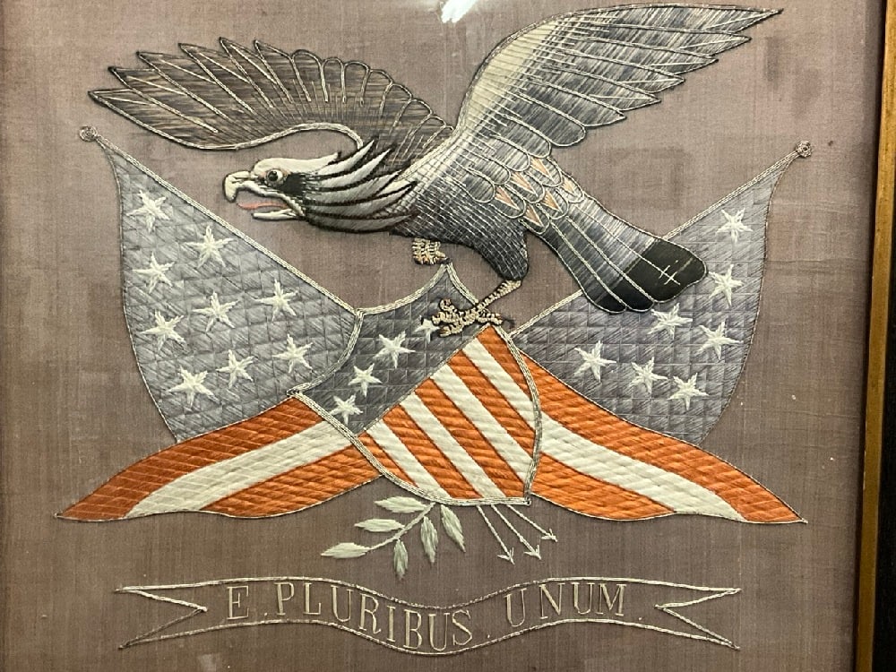 19th Century American Eagle Patriotic Embroidery Work: 19th Century American Eagle Patriotic Embroidery Work."E Pluribu Unum" Housed in a hardwood frame. Provenance: Earle Vandekar, Knightsbridge, PA/New York Dimensions: 14 1/2” x 16 1/2” and