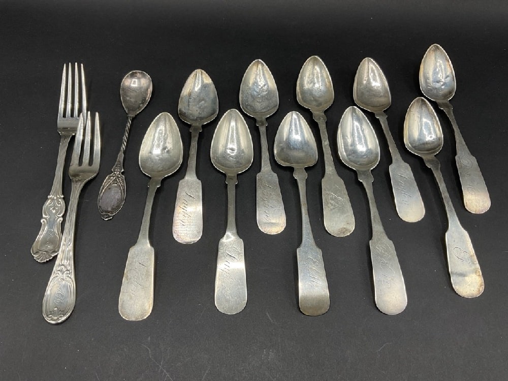 Estate Compiled Coin Silver Forks and Spoons: 13 pcs Coin Silver Forks and SpoonsGood Condition, Please See Photograph Preview. Noted Some Pitting.Total Weight: 234 g