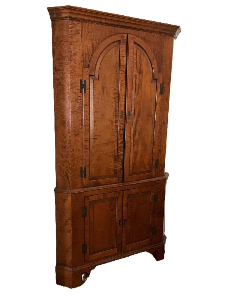 Eldred Wheeler Tiger Maple Corner Cupboard: Eldred Wheeler Tiger Maple Corner Cupboard.Dimensions: 83” x 44” x 17”