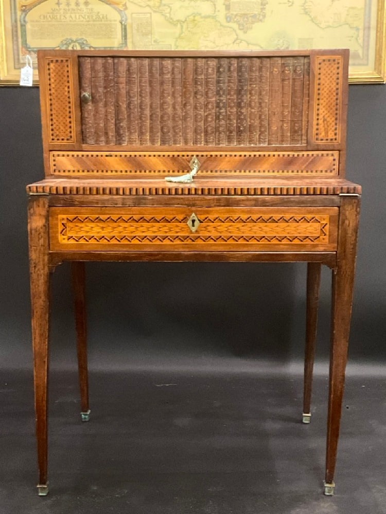 Bonheur Du Jour Kingwood and Marquetry Desk: Bonheur Du Jour Kingwood and Marquetry Desk. Extensive marquetry and faux leather bound book cupboard sliding doors. Writing service folds out and is lined with a tanned leather. Dimensions: 28 3/4&rd