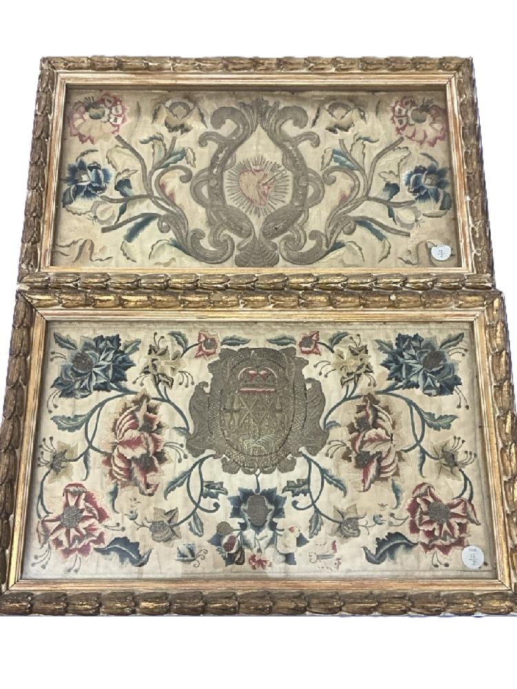 17th/18th Century Embroidery Panels: 17th/18th Century Embroidery Panels. Elaborate silk work. European. As seen in photograph preview. Framed in a matched pair of carved wood frames. Dimensions: 15” x 24”