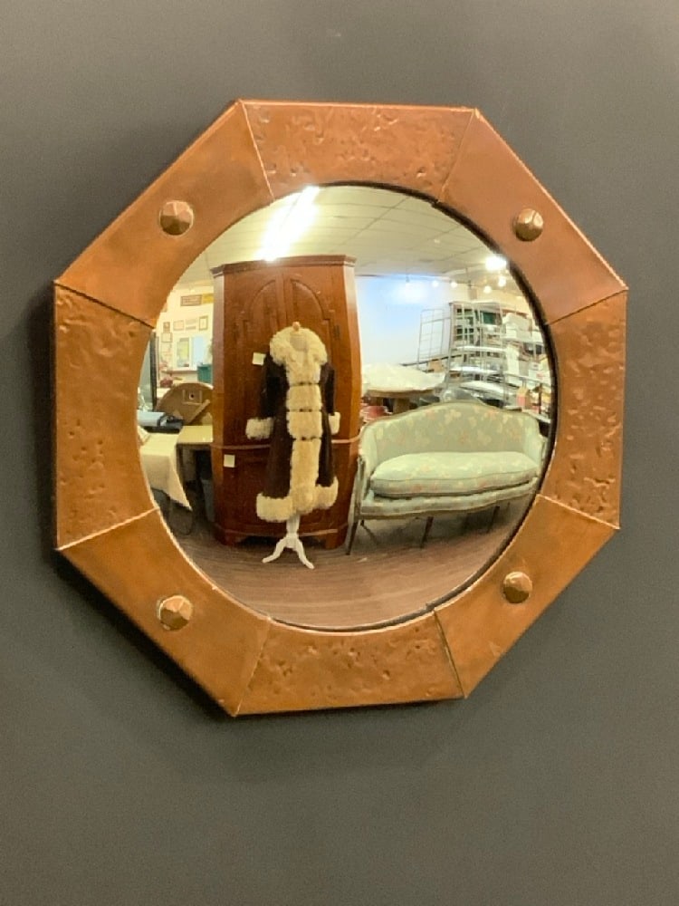 Arts and Crafts Hammered Copper Circular Wall Mirror: Arts and Crafts Hammered Copper Circular Wall Mirror.Dimensions: 15” x 15”