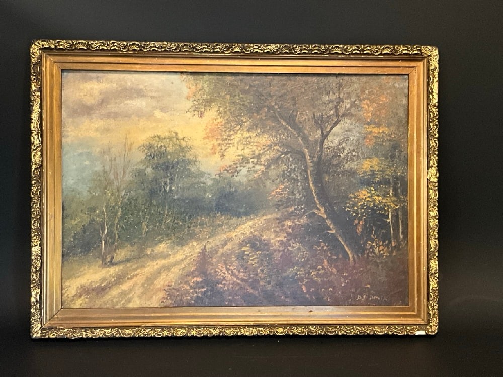 Illegibly Signed Oil on Board Landscape Painting: Illegibly Signed Oil on Board Landscape Painting. Signed lower right. Good Condition, Frame is Chipped.Please See Photographs PreviewDimensions: Frame 21 1/2” L x 16” H framed, 19”L