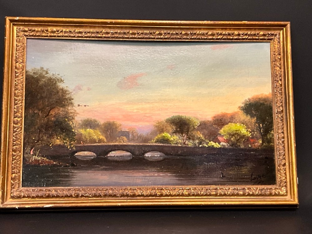 Peter Layne Arguimbau “Darien, CT?? Oil Painting: Peter Layne Arguimbau (American, b.1951) “Darien, CT”Oil on board. Good Condition, Please See Photographs Preview Dimensions: Frame 23 2/3” L x 15” H, framed, 20”L x 12&rdquo