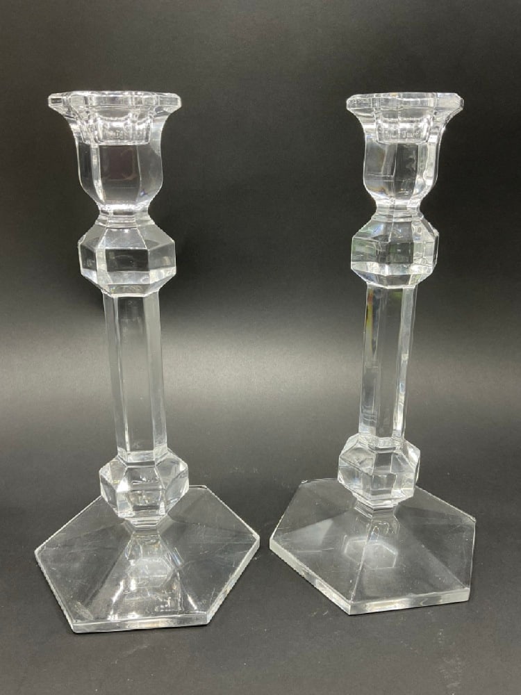 A Pair, Val St. Lambert ‘Gardenia’ Crystal Candlesticks: A Pair, Val St. Lambert ‘Gardenia’ Crystal Candlesticks. Dimensions: 9” x 5”