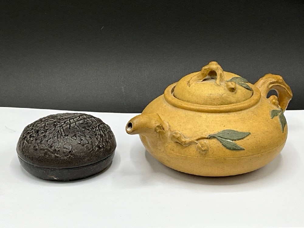 19th Century Yixing Tea Pot with Bronze Tree Jar: Yixing Tea Pot with Bronze Tree Jar. 19th Century.Good Condition, Please See PhotographsDimensions: Tea Pot 4”H x 9” W, Trinket 4” D x 2” H