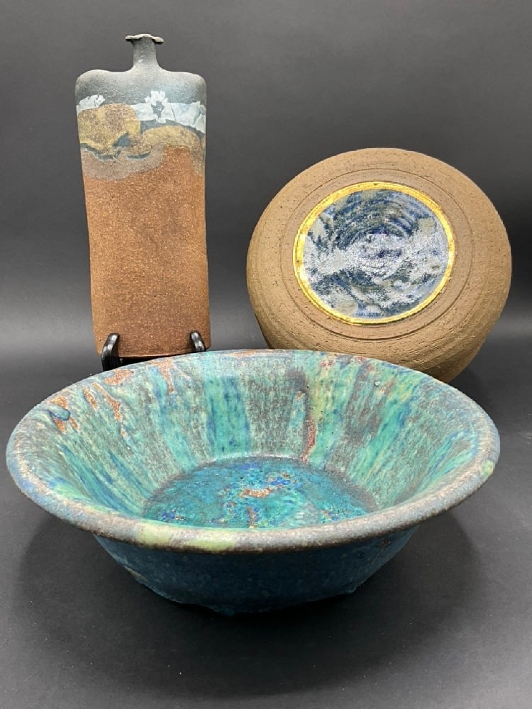 Compiled Estate Mid Century Art Pottery Grouping: Compiled Estate Mid Century Art Pottery Grouping. Good Condition, Please See Photograph Preview Dimensions: Bowl 10” D x 4” H, Lidded Bowl 8” D x 5” H, Bottle 9” H x 4&rd