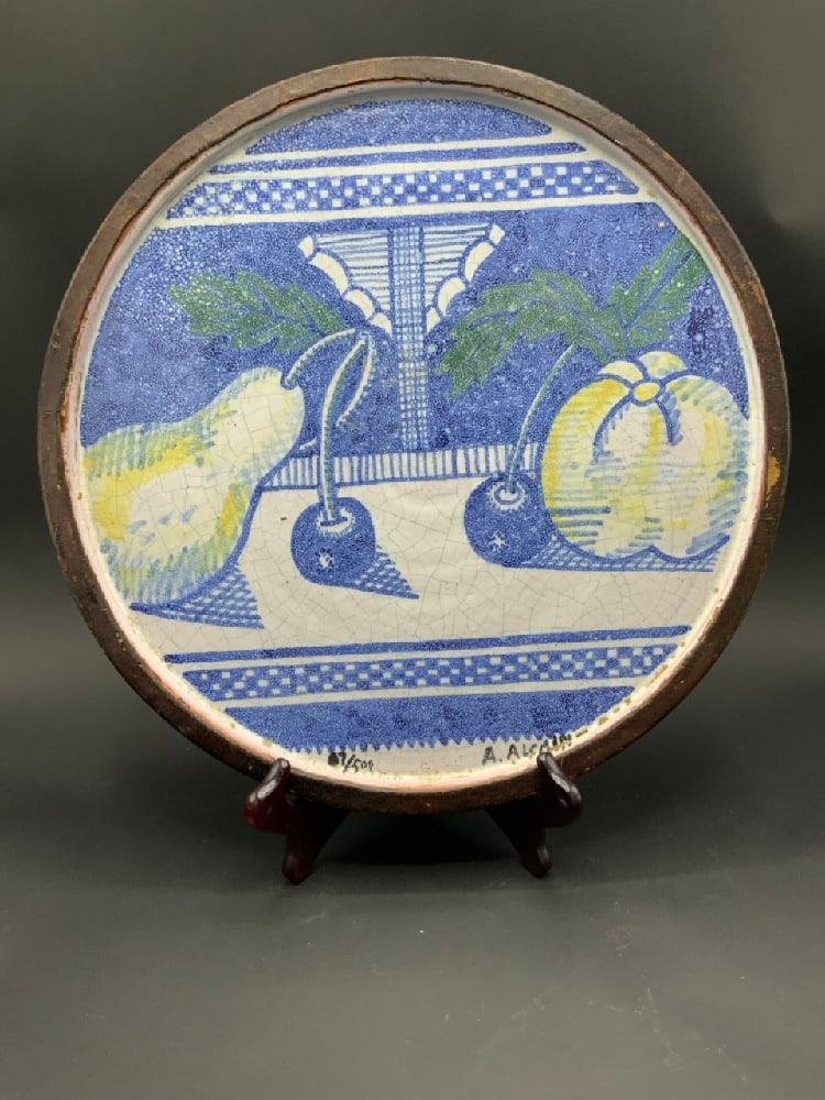 Decorative Ceramic & Wood Platter 87/500 Signed - A. Alcain: Decorative Ceramic & Wood Platter 87/500 Signed - A. Alcain. Dimensions: 14”
