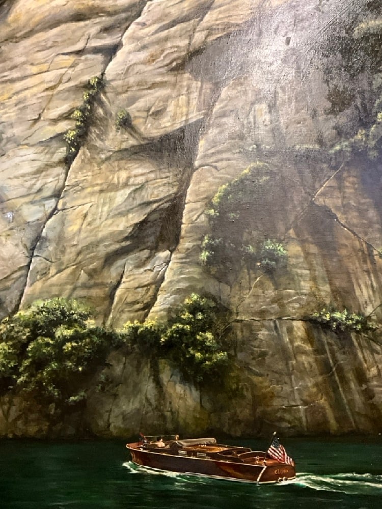 Harry McCormick (American, 1942-2023) Rogers Rock, Lake George New York: Harry McCormick (American, 1942-2023)Untitled: Rogers Rock, Lake George New York with Chris-Craft Boat in Water. Oil on canvas. Dimensions: 68” x 40” and76” x 48” framed.