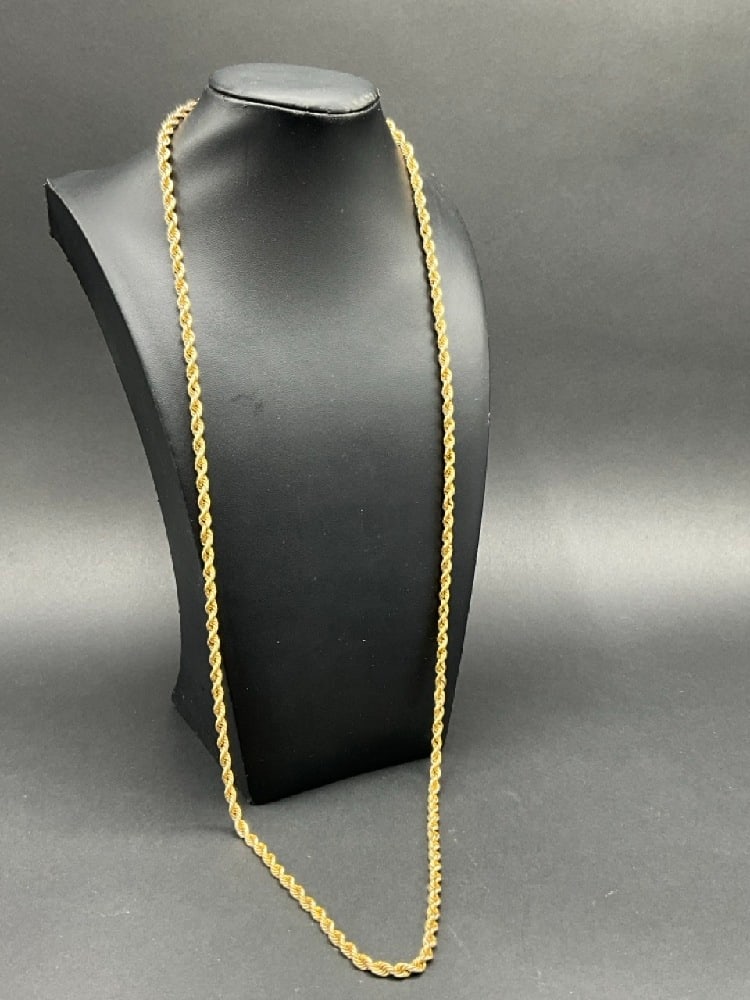 14K Yellow Gold 34?? Rope Chain Necklace: 14K Yellow Gold 34” Rope Chain Necklace. Ideal to double up. Totall weight: 21.1 grams. Please note upon inspection the clasp replacement clasp is gold filled.