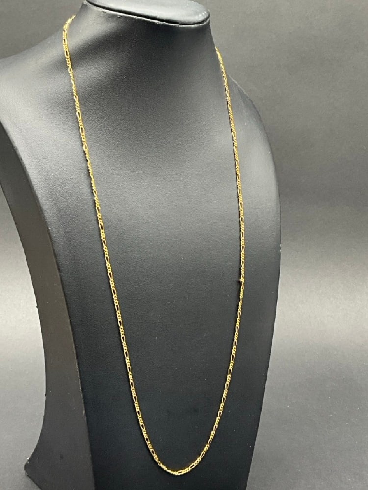 18K Yellow Gold Figaro Link Necklace: 18K Yellow Gold Figaro Link Necklace. Please note clasp is a replacement is 10k. Dimensions: 24” Length.Total weight: 5.8 grams.