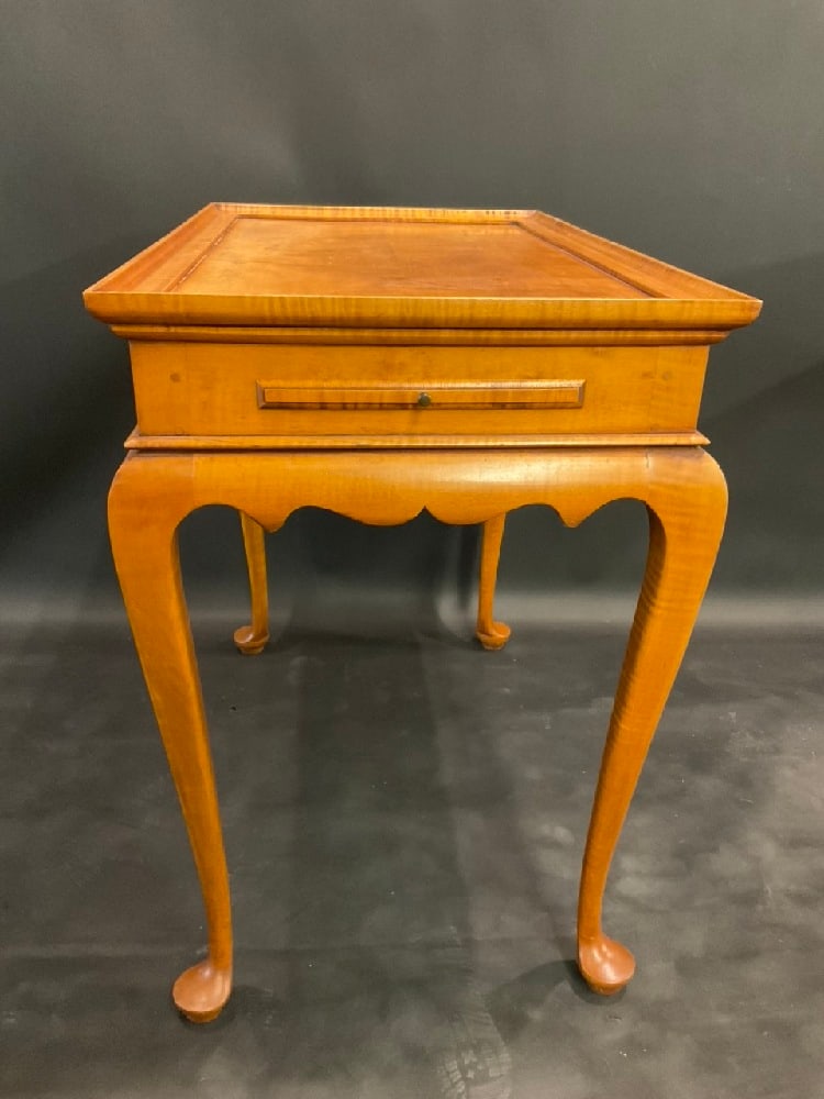 Eldred Wheeler Tiger Maple Side Table w/ Pull Out Tray: Eldred Wheeler Tiger Maple Side Table w/ Pull Out Tray.Dimensions: 27” x 18” x 28”